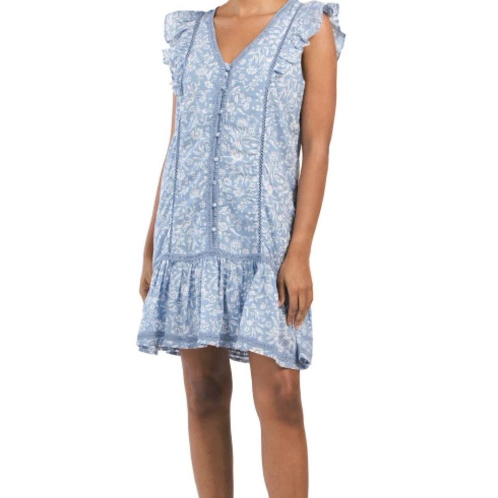 Lucky Brand Women’s XS Blue Floral Mini Dress Ruffle Sleeve Boho Cotton